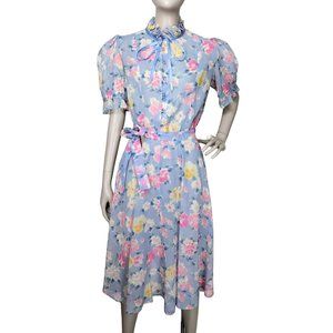 Vintage 1940's Powder Blue Floral Chiffon Puff Sleeve Ruffle Trim Day Dr…